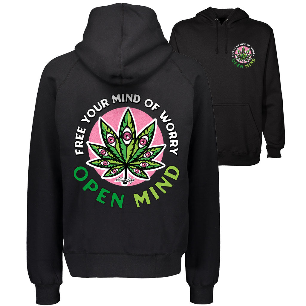 StonerDays Open Mind Hoodie in black, front and side view with graphic design