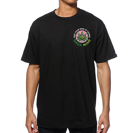 StonerDays Open Mind Tee front view on model, black cotton T-shirt with vibrant green leaf design