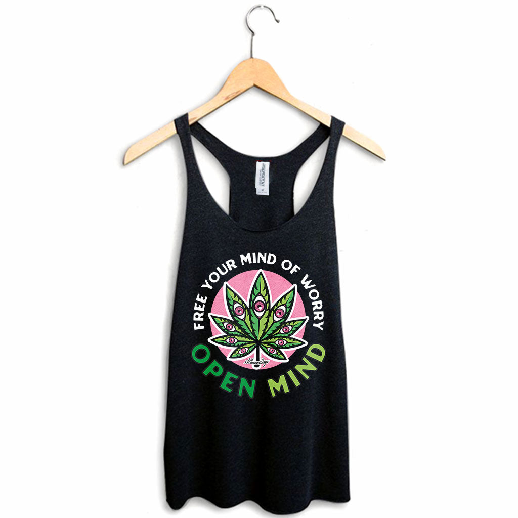 StonerDays Open Mind Women's Racerback Tank Top in Rasta Colors on Hanger