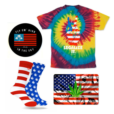 StonerDays Operation Tie Dye Combo with patriotic t-shirt, socks, and dab mat with cannabis motifs