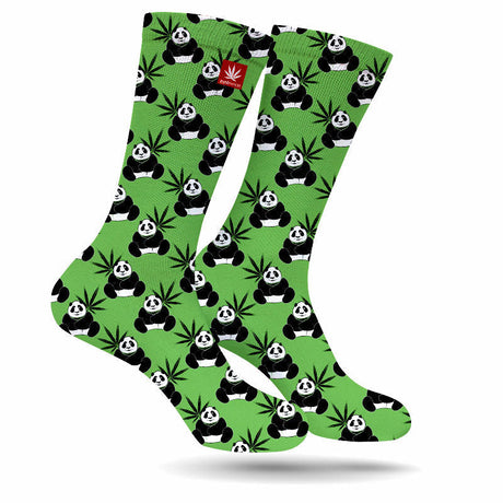 StonerDays Panda and Leaves Weed Socks in green with black and white panda print, front view
