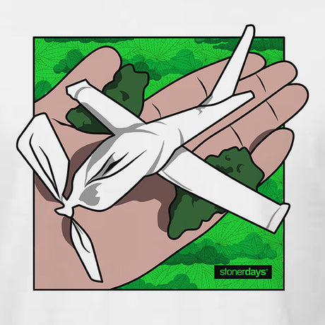 StonerDays Paper Plane White Tee design close-up with graphic of a hand holding paper airplanes