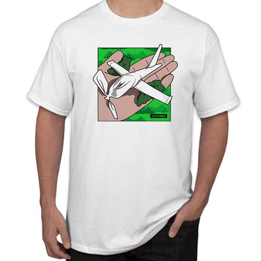StonerDays Paper Plane White Tee front view featuring chillum design on cotton fabric
