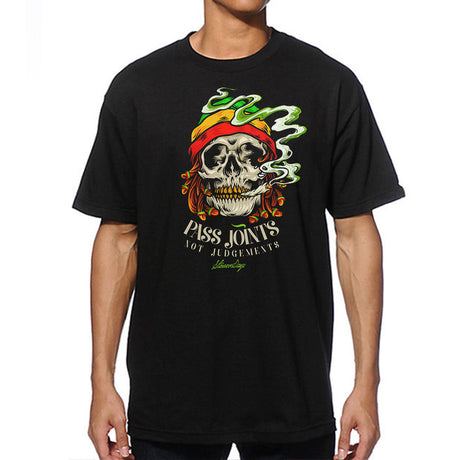 StonerDays men's black t-shirt with 'Pass Joints Not Judgments' skull graphic, front view.