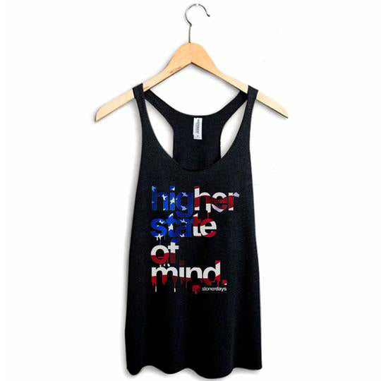 StonerDays Patriots Racerback tank top, front view on hanger, USA-themed, women's cotton blend