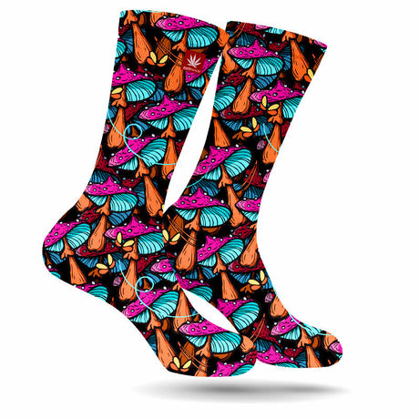 StonerDays Pink Magic Caps Weed Socks with vibrant UV reactive design, front view on white background