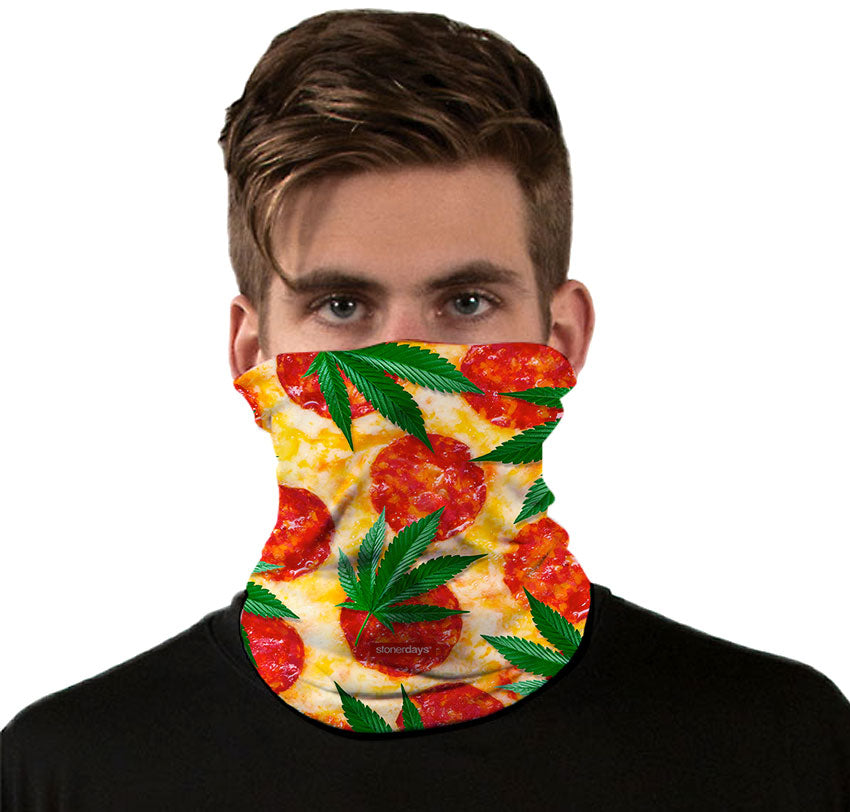 StonerDays Neck Gaiter with Pizza and Kush Leaf Design Worn by Model