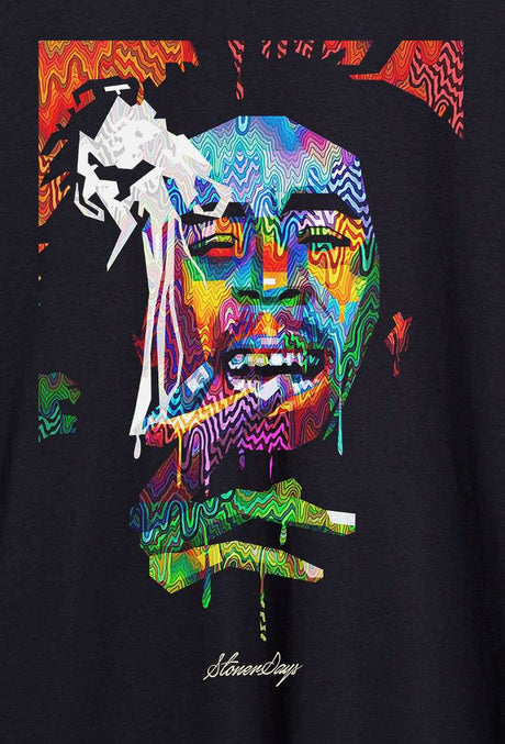 StonerDays Pop Art Bob Hoodie in Rasta colors, close-up on vibrant cotton fabric