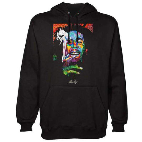 StonerDays Pop Art Bob Hoodie in black with vibrant Rasta-colored graphics, front view on white background
