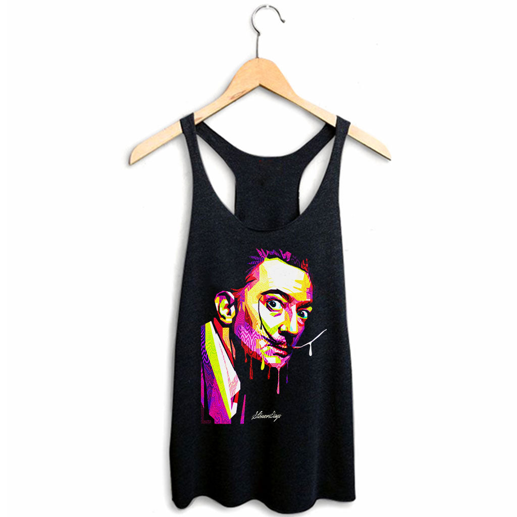 StonerDays Pop Art Dali Racerback tank top, black with vibrant graphic print, hanging front view