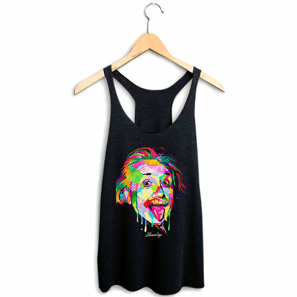 StonerDays Pop Art Einstein Racerback Tank Top, UV Reactive, Front View on Hanger