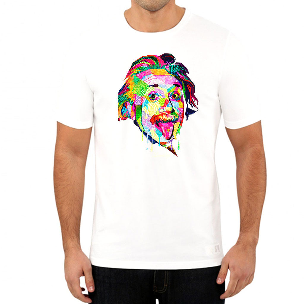 StonerDays Pop Art Einstein graphic on a white cotton tee, front view on a male model