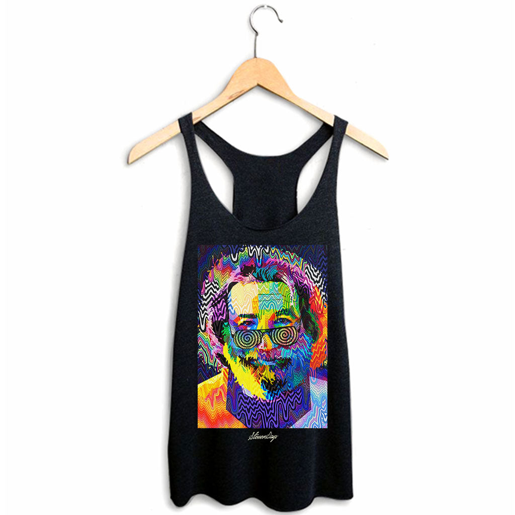 StonerDays Pop Art Jerry Racerback tank top in black, front view on hanger, vibrant print, sizes S-XXL
