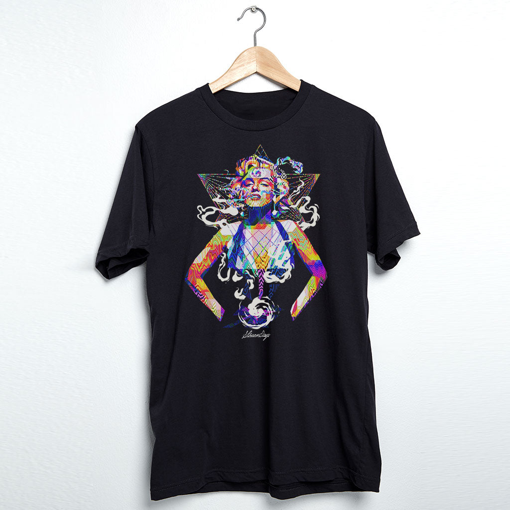 StonerDays Pop Art Marilyn men's black cotton t-shirt hanging on wooden hanger