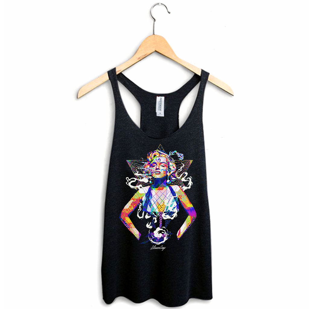 StonerDays Pop Art Marilyn Women's Racerback Tank Top, sizes S-2XL, front view on hanger