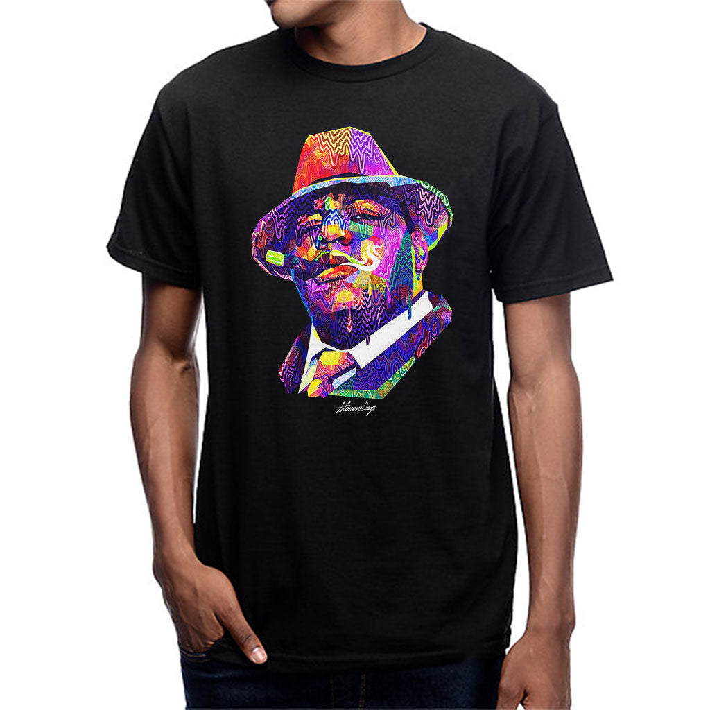 StonerDays men's black cotton t-shirt with colorful pop art print, front view on model