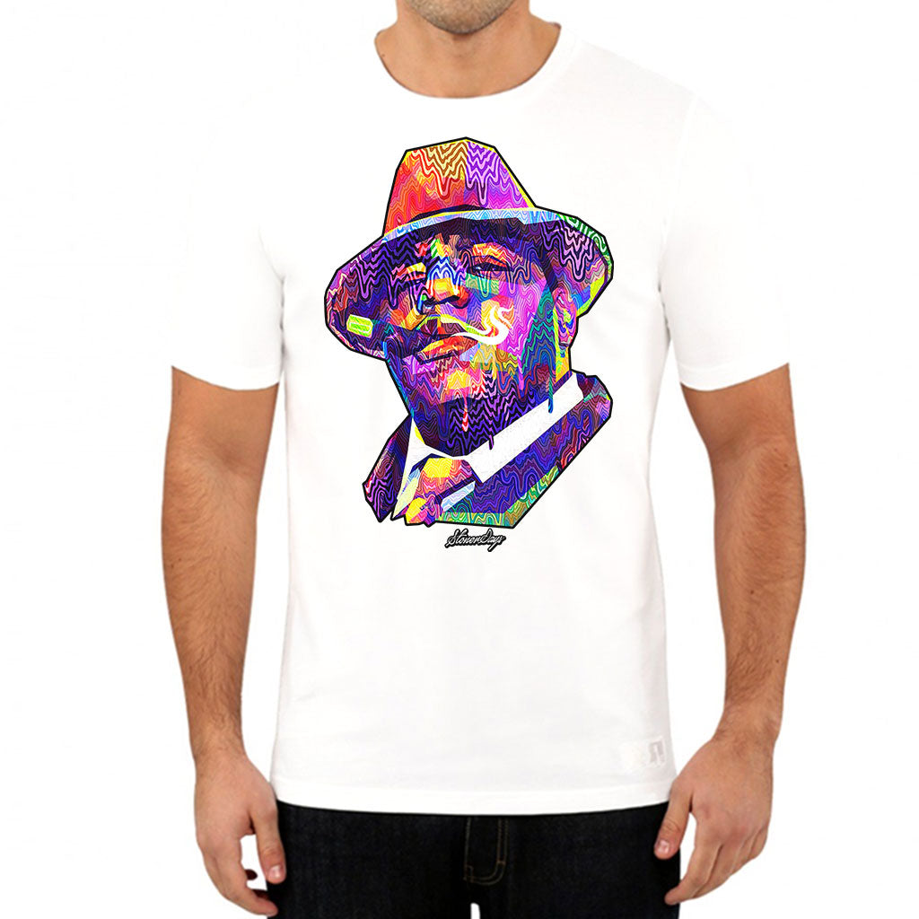 StonerDays Pop Art Notorious White Tee with vibrant graphic print, front view on model