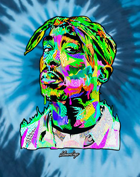 StonerDays men's blue tie-dye tee with vibrant pop art graphic, front view on white background