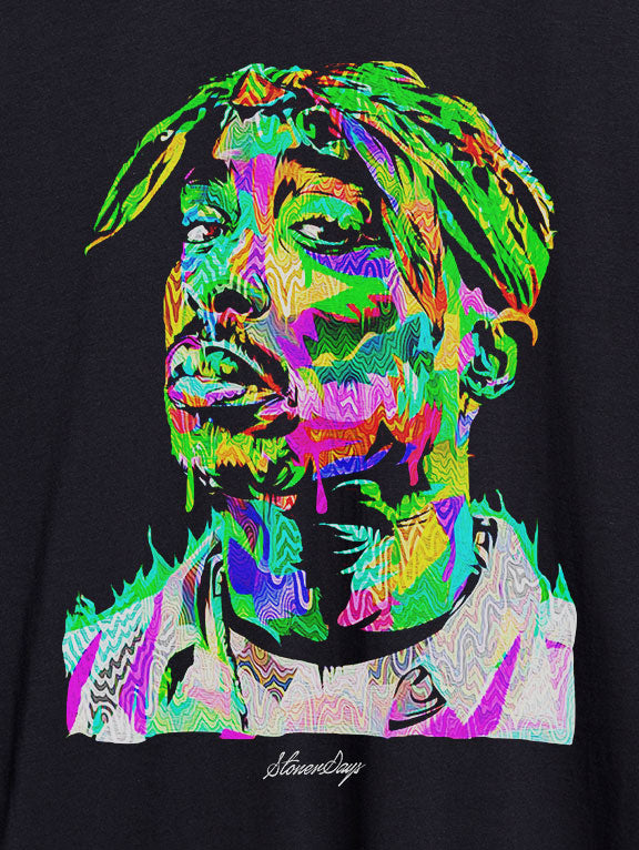 StonerDays Pop Art Pac Crop Top Hoodie in black with vibrant multicolor print, close-up view