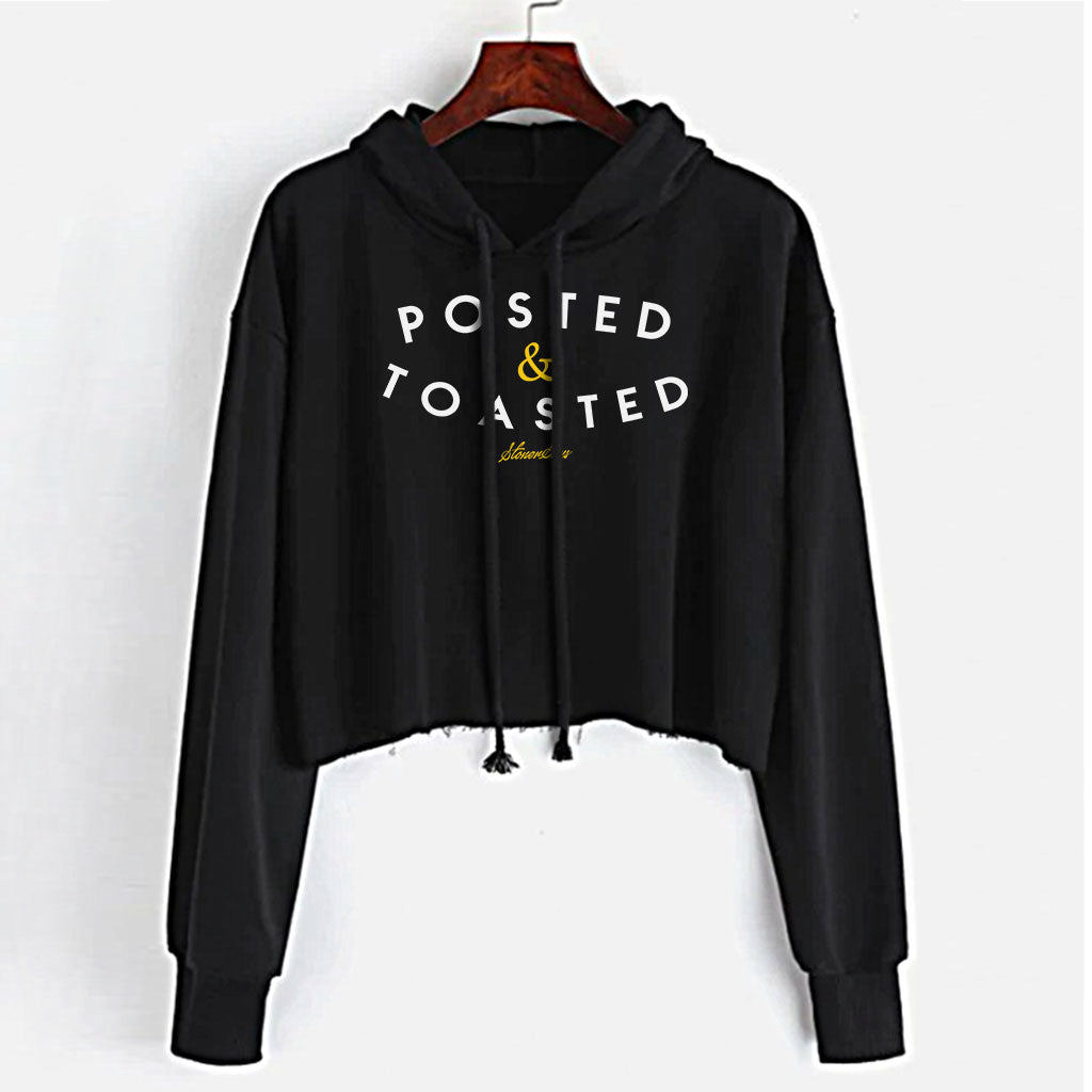 StonerDays Posted & Toasted Women's Crop Top Hoodie in Black, Front View