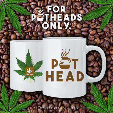 StonerDays Pot Head Nug Mug with cannabis leaf design on coffee bean background