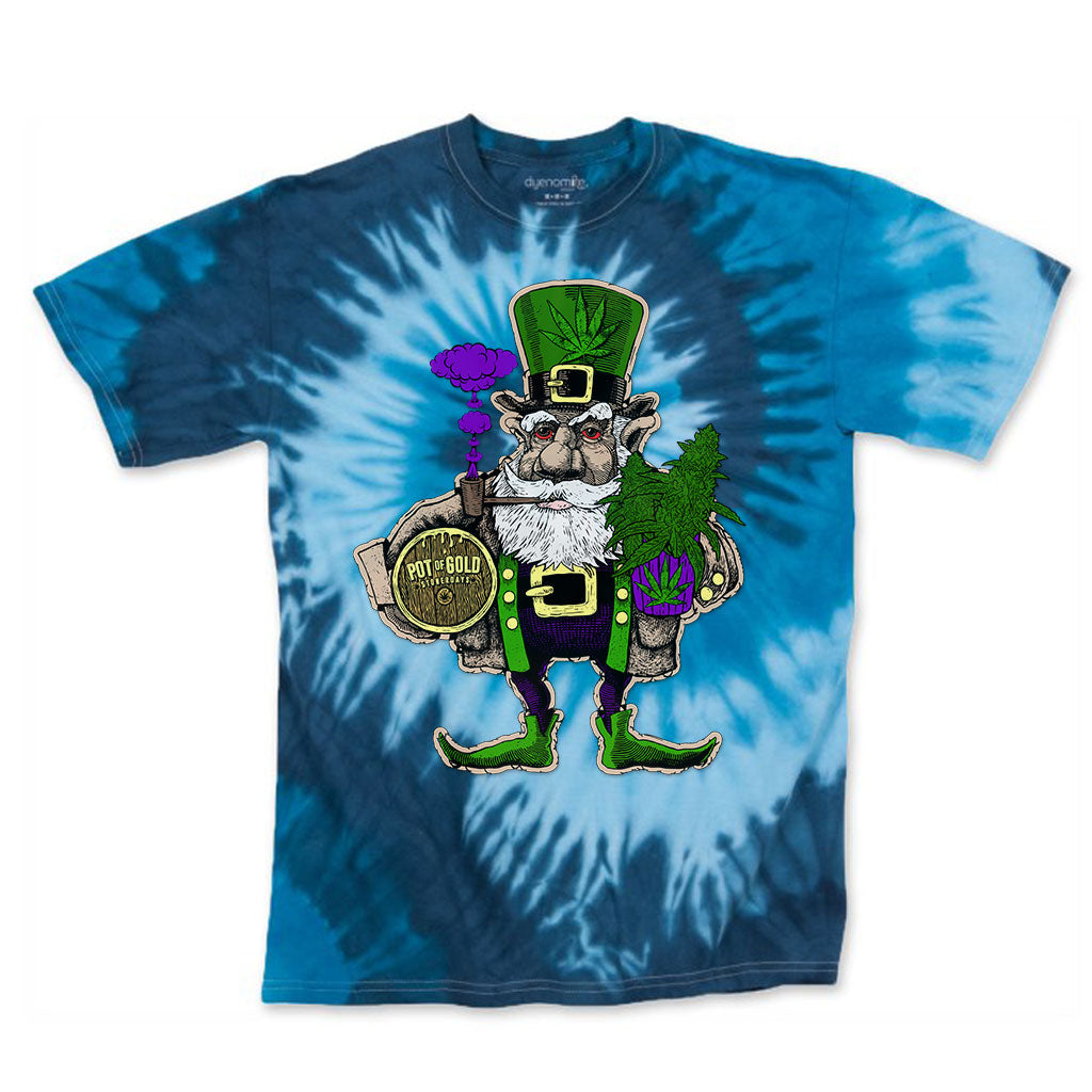 StonerDays Pot Of Gold Blue Tie Dye T-Shirt with leprechaun graphic, front view on white background