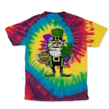 StonerDays Pot Of Gold Tie Dye T-Shirt with vibrant blue and green colors, front view on white background