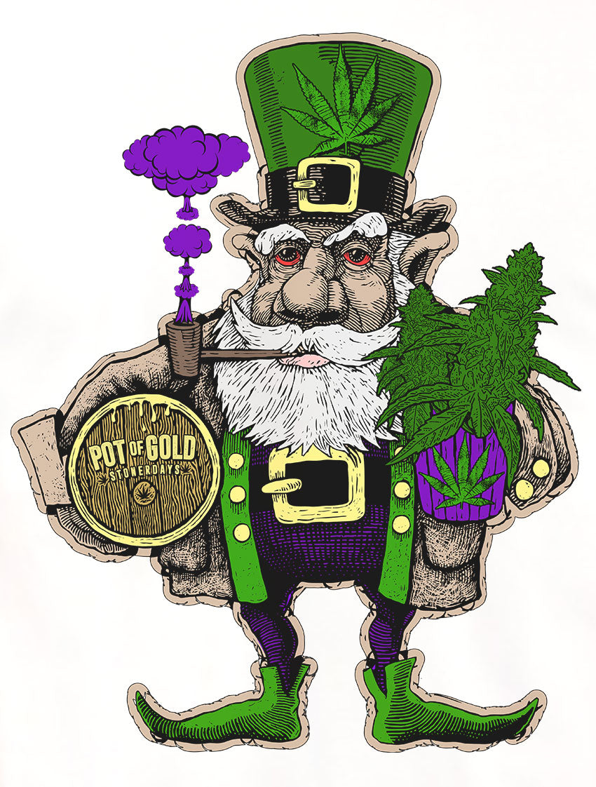StonerDays Pot Of Gold White Tee featuring a graphic leprechaun with cannabis accents