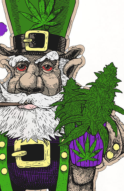 StonerDays Pot Of Gold White Tee featuring a whimsical leprechaun with cannabis motifs, front view