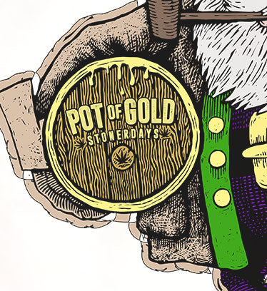 Close-up of StonerDays Pot Of Gold White Tee with vibrant graphic design