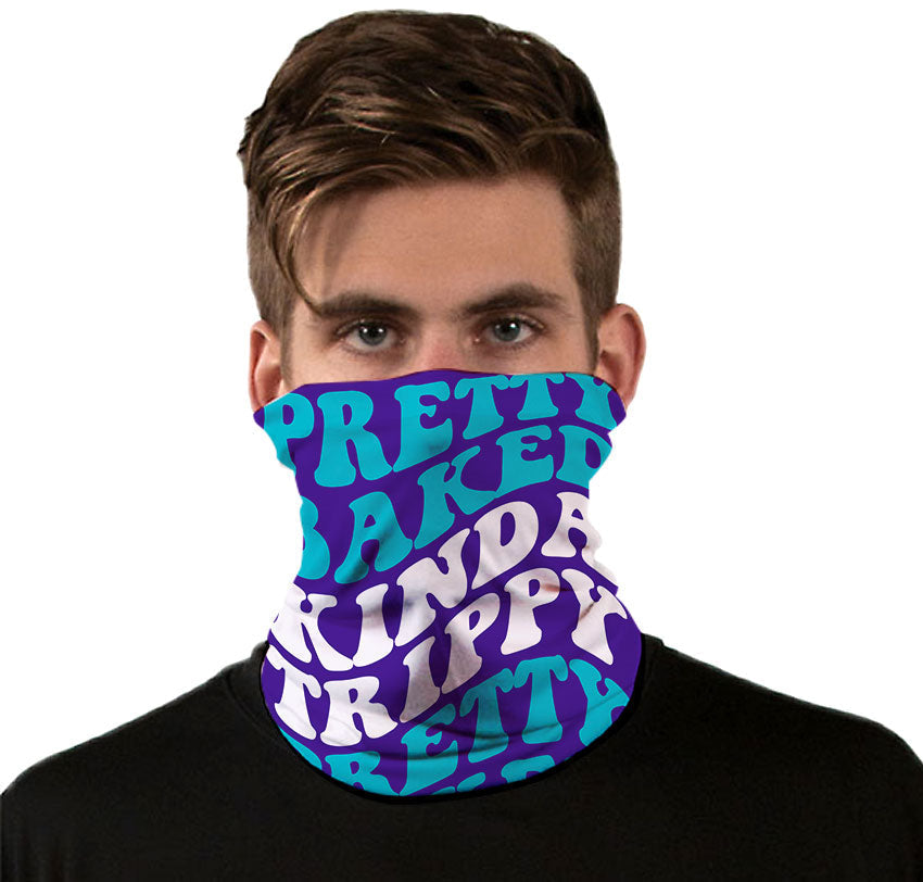 StonerDays Pretty Baked Blue Gaiter worn by model, vibrant blue and purple design