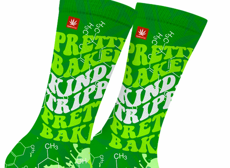 StonerDays Pretty Baked Green Weed Socks with bold lettering and THC molecule design