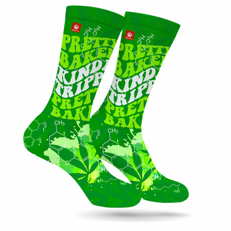 StonerDays Pretty Baked Green Weed Socks with bold leaf graphics, front view on white background