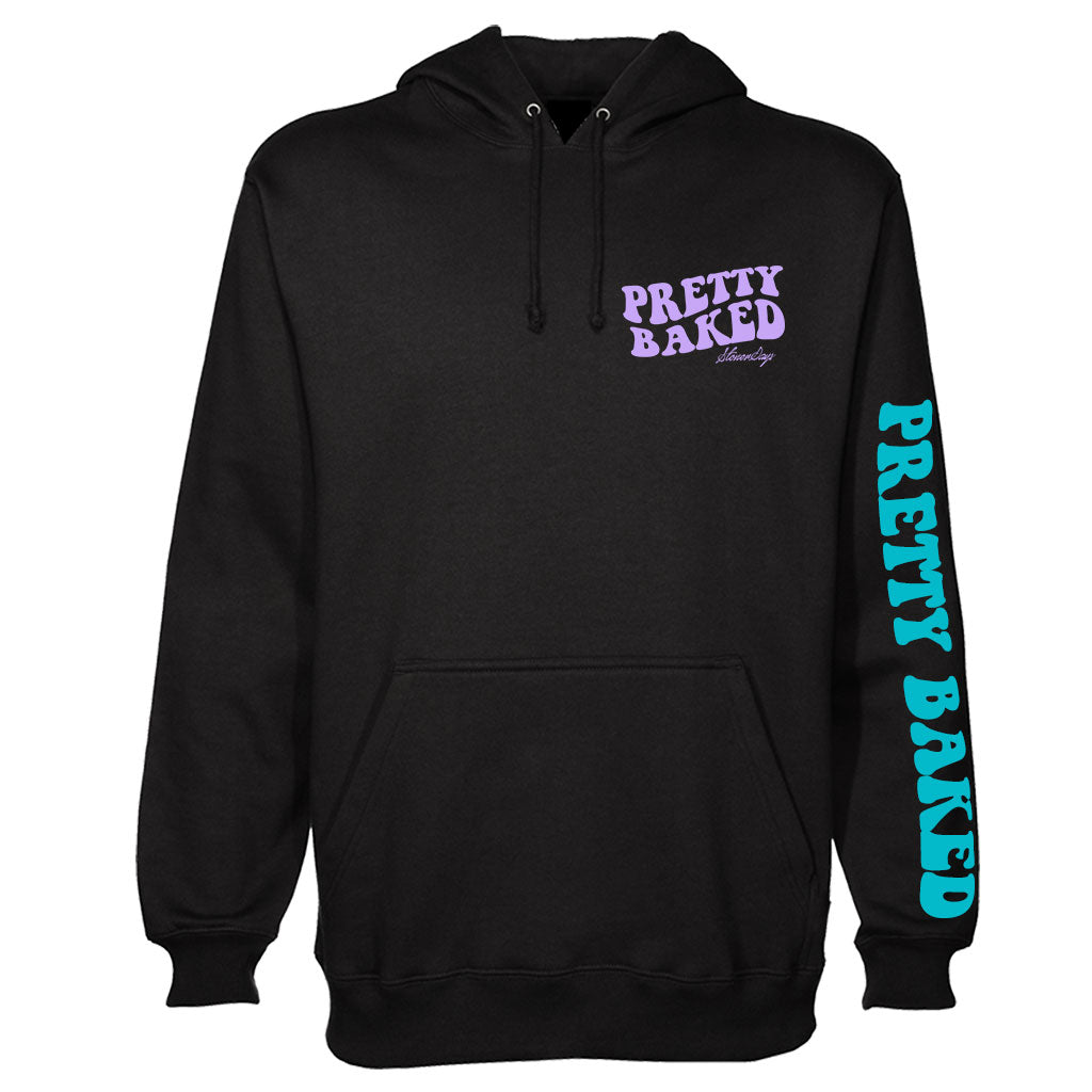 StonerDays Pretty Baked Highness Hoodie in black with colorful text, front view on white background