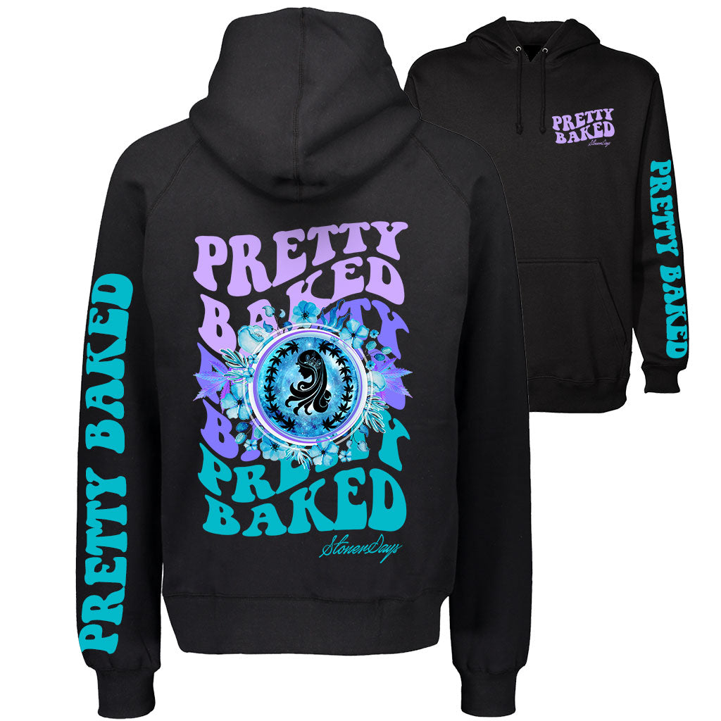 StonerDays Pretty Baked Highness Hoodie in black, front and side views, featuring vibrant graphic design