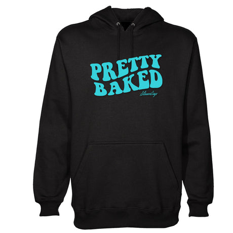 StonerDays Pretty Baked black hoodie front view with turquoise logo, available in S to 3XL