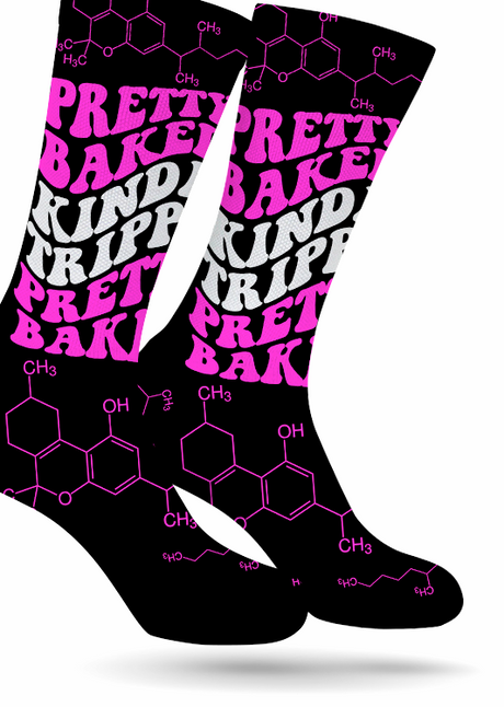 StonerDays Pretty Baked Pink Weed Socks with bold text and molecule design, size options available