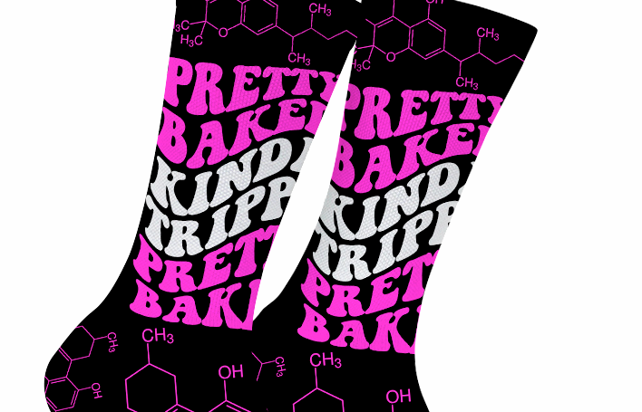StonerDays Pretty Baked Pink Weed Socks with bold text and cannabis leaf design, unisex fit