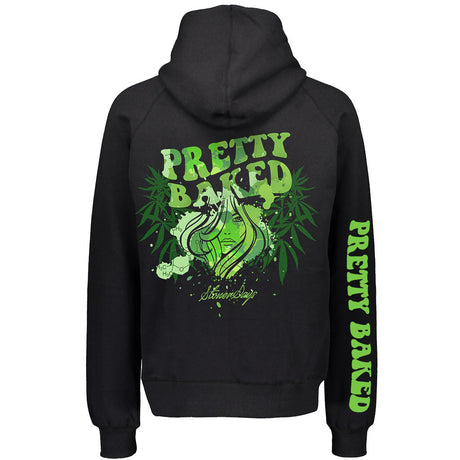 StonerDays Pretty Baked black hoodie rear view with green cannabis leaf graphics