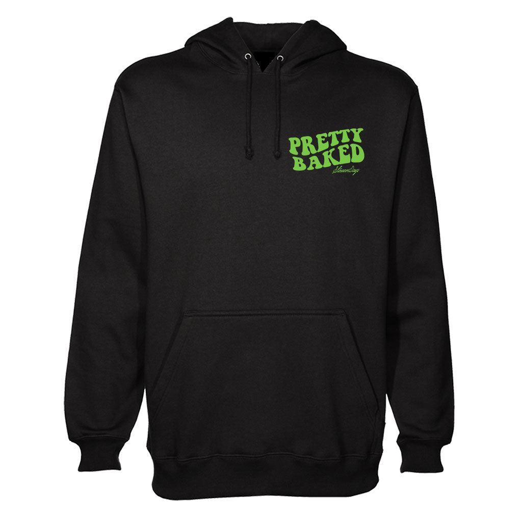 StonerDays Pretty Baked black hoodie front view with green text, cotton, for men, size options
