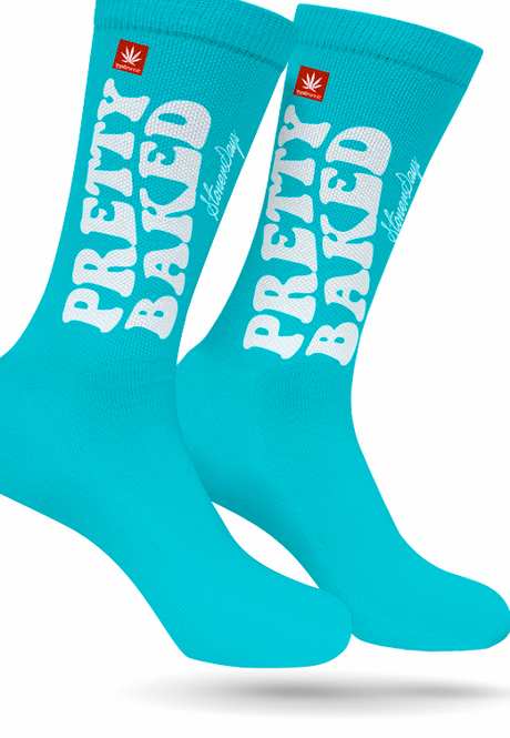 StonerDays Pretty Baked Teal Socks with Cannabis Leaf Logo, Front View
