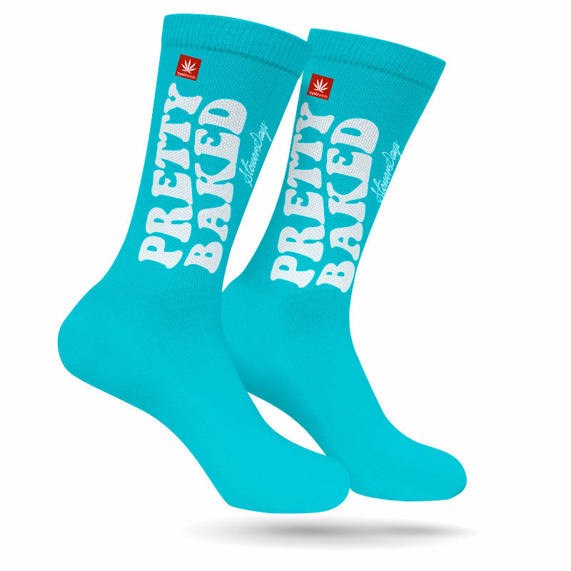 StonerDays Pretty Baked Teal Weed Socks, front view on white background