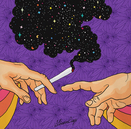 StonerDays Puff Puff Purps Crop Top Hoodie design featuring cosmic smoke and hand graphics