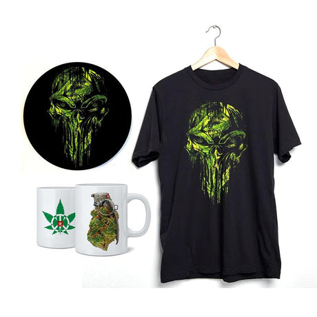 StonerDays Punisher Combo with black T-shirt, mug pipe, and dab mat with skull designs