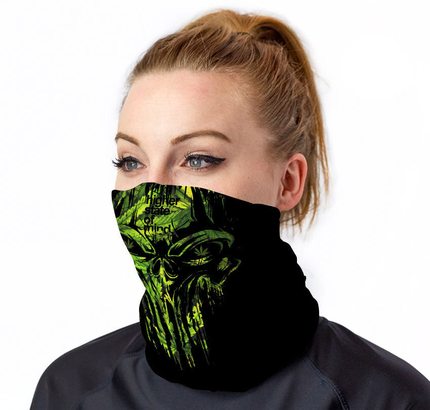 StonerDays Punisher Green Leaves Neck Gaiter worn by model, front view, versatile apparel