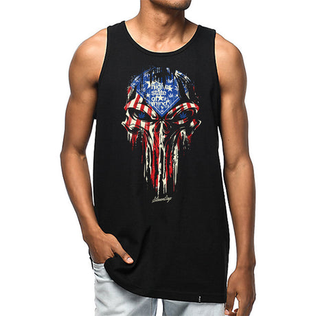 StonerDays Punisher USA Flag Men's Tank Top front view on model, black cotton apparel