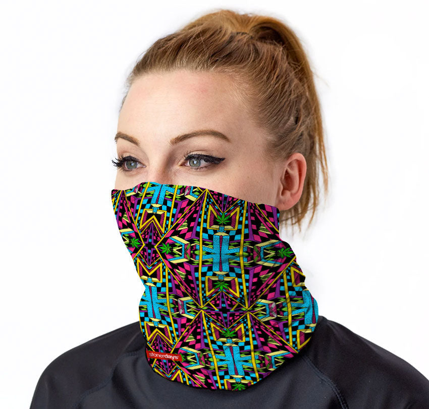 StonerDays Rad Pattern Neck Gaiter in vibrant colors, front view on model, versatile & washable