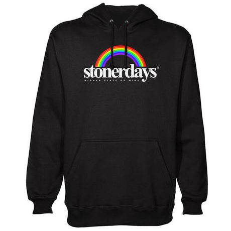 StonerDays Rainbow Hoodie in black with rainbow logo, front view on a white background