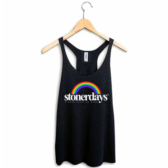 StonerDays Rainbow Racerback tank top in black, front view on hanger, sizes S to XL