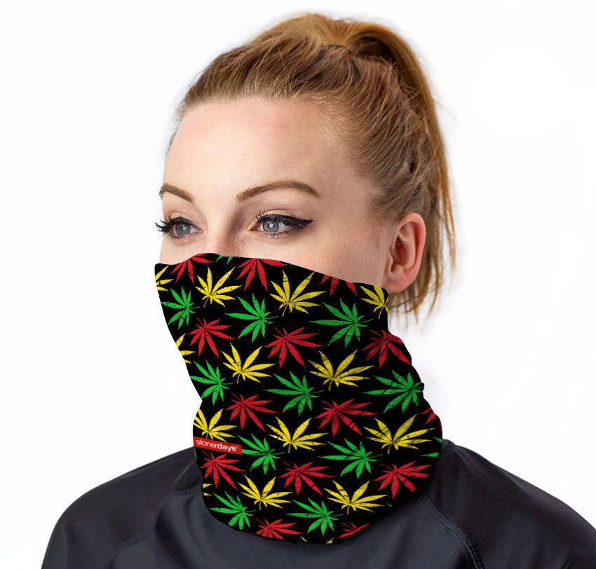 StonerDays Rasta Cannabis Leaf Neck Gaiter worn by model, vivid colors, front view